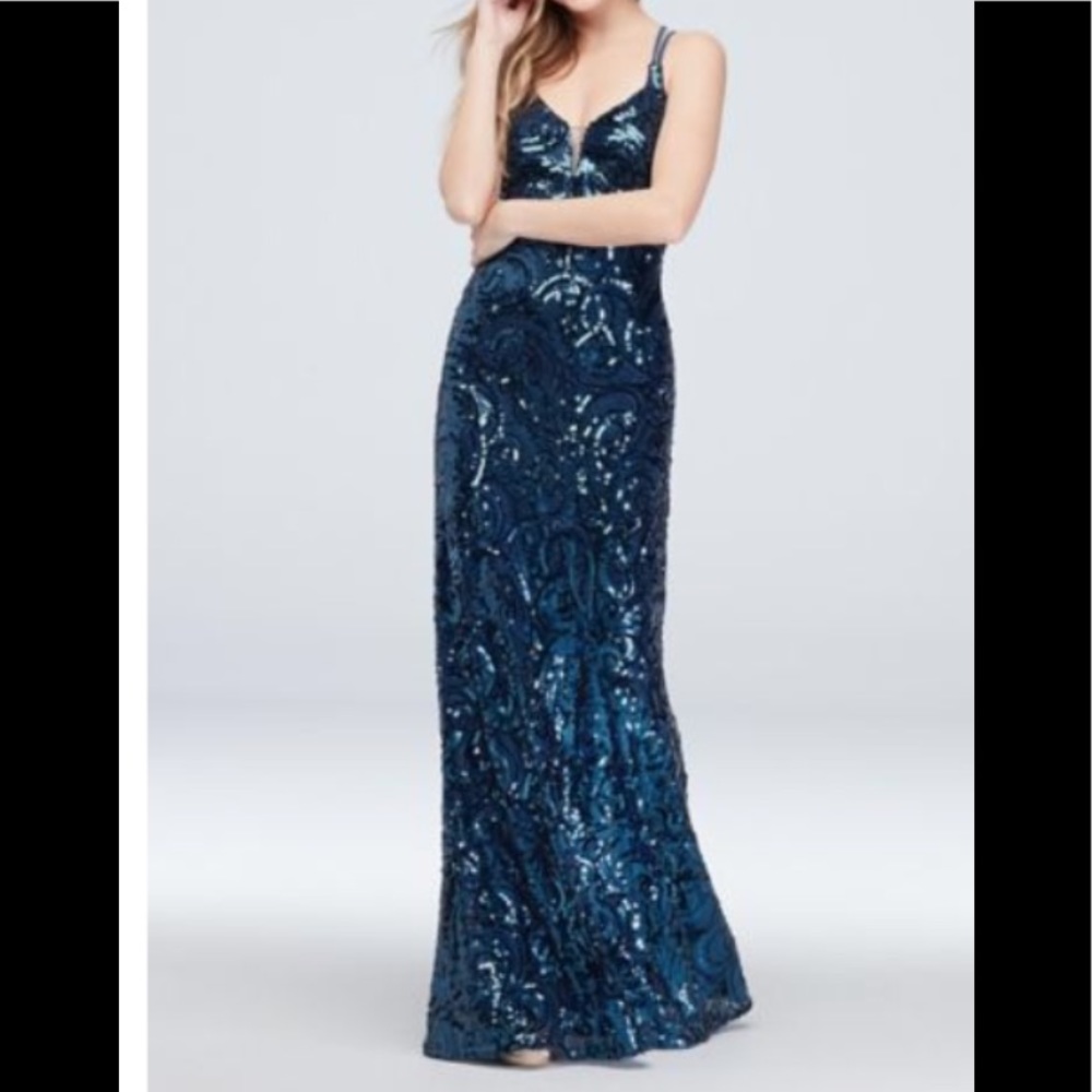 Long gown Formal dress sequin covered gown open back body con shimmering blue